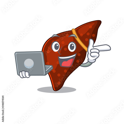 Cartoon character of human cirrhosis liver clever student studying with a laptop