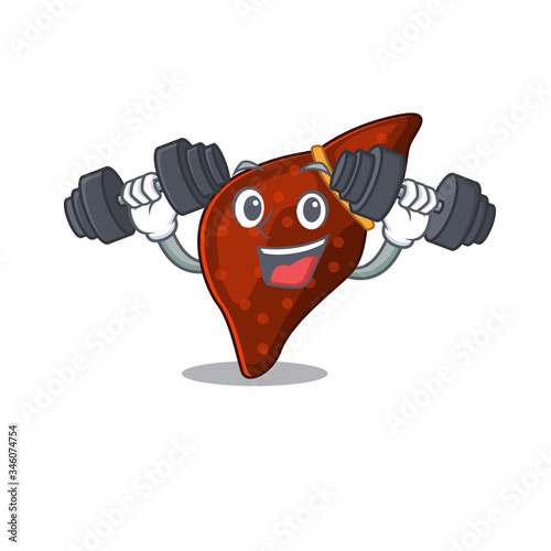 Mascot design of smiling Fitness exercise human cirrhosis liver lift up barbells