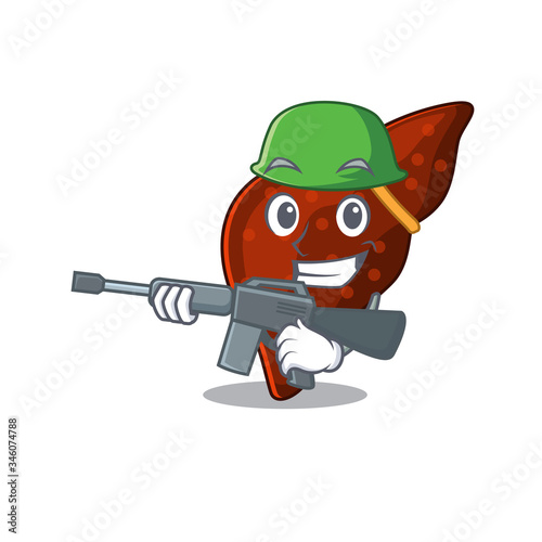 A cartoon picture of human cirrhosis liver in Army style with machine gun