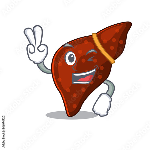 Happy human cirrhosis liver cartoon design concept with two fingers