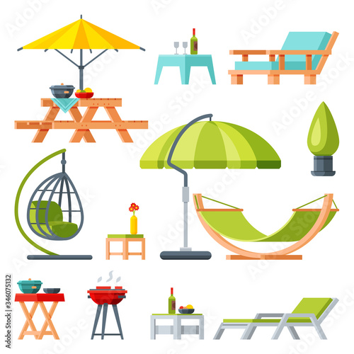 Modern Garden Furniture Collection, Table, Sunshade Umbrella, Hammock, Comfortable Lounger, Barbecue Grill Flat Vector Illustration