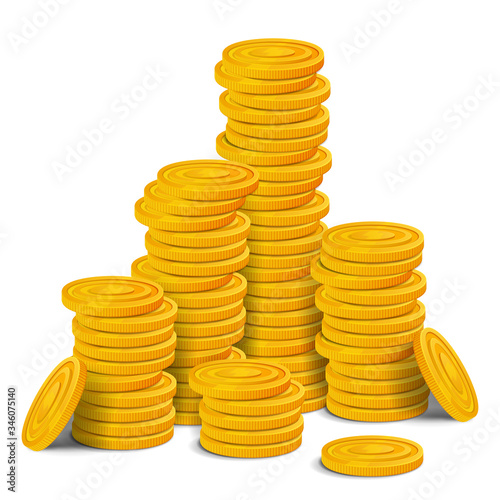 Golden coins big stack. Hyge pile of colorful glossy money realistic game asset. Vector illustration isolated on white background