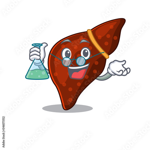 Human cirrhosis liver smart Professor Cartoon design style working with glass tube