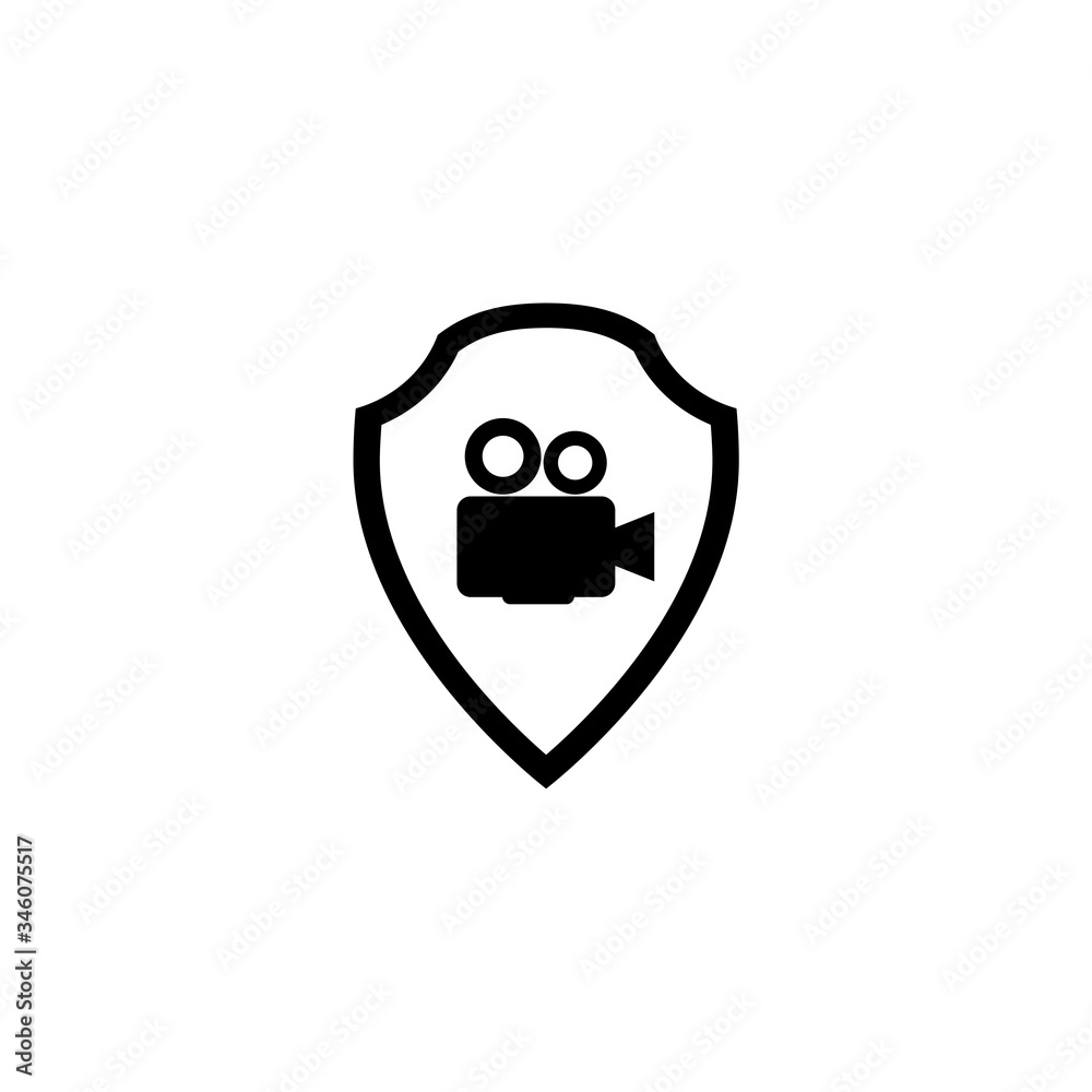 Shield icon with a film camera isolated on white background Shield icon with a film camera isolated on white background