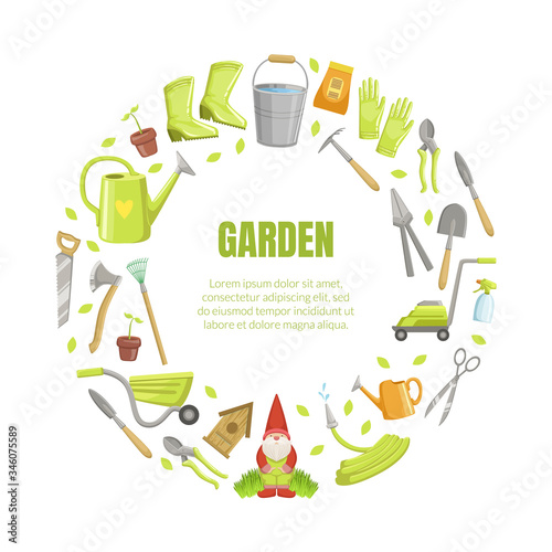 Wreath of garden tools in gray and green colors. Vector illustration.
