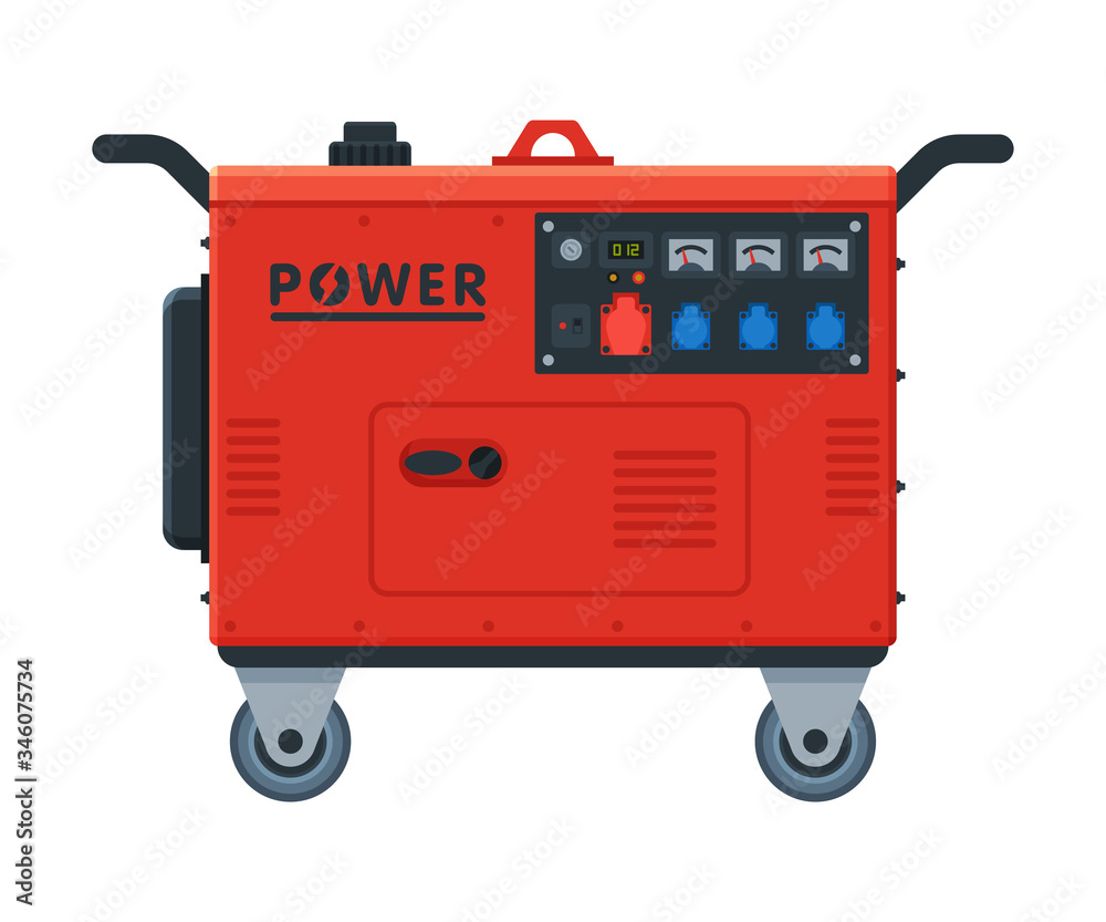 Red Gasoline Portable Power Generator on Wheels, Diesel Electrical Engine Equipment Vector Illustration Red Gasoline Portable Power Generator on Wheels, Diesel Electrical Engine Equipment Vector Illustration