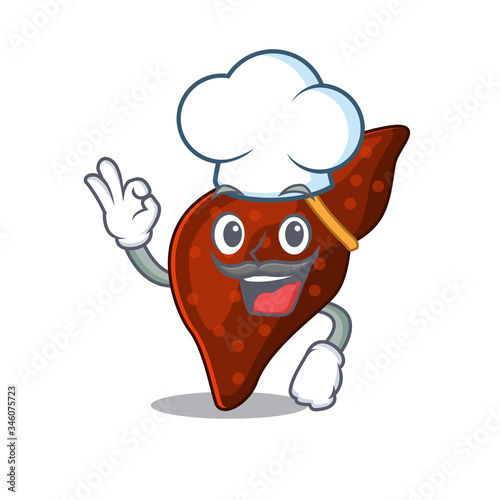 Human cirrhosis liver chef cartoon design style wearing white hat