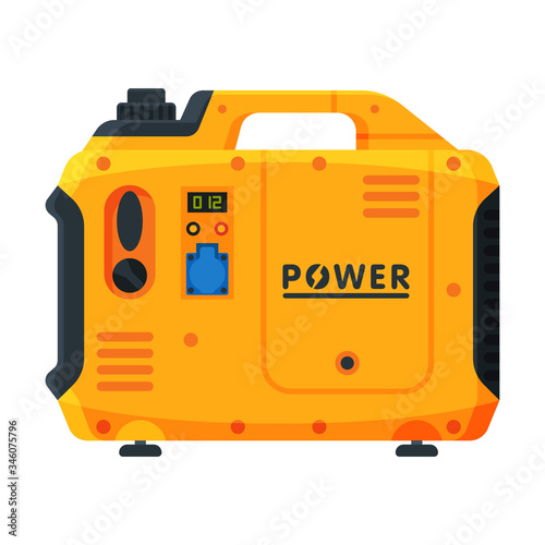 Power Portable Generator, Yellow Diesel Electrical Engine Equipment Vector Illustration