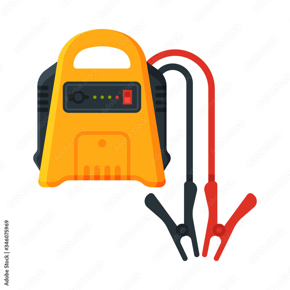 Naklejka premium Battery with Electrical Clips, Jump Start Vehicle Cable, Battery Charger Terminal Vector Illustration