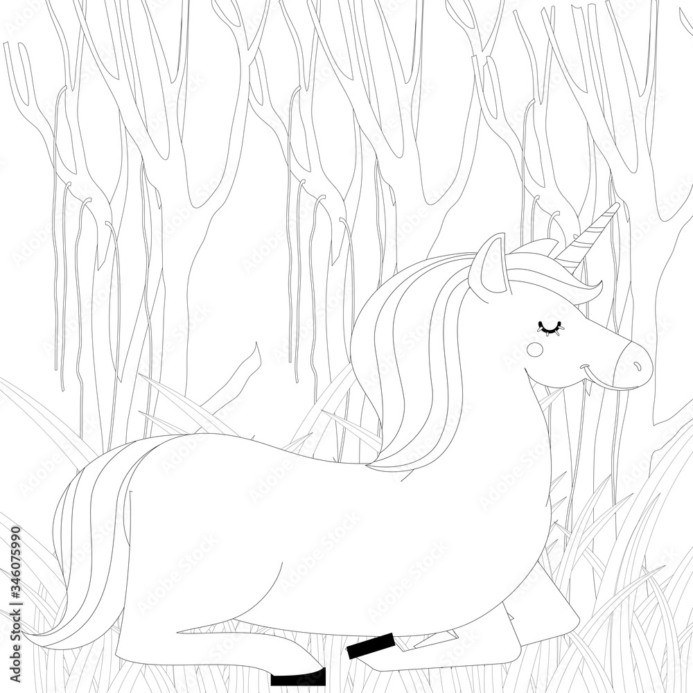 Unicorn vector. Horse head sleep. Colored book. Black and white sticker, icon isolated. Cute magic cartoon fantasy animal. Dream symbol. Design for children, baby room interior, scandinavian style

