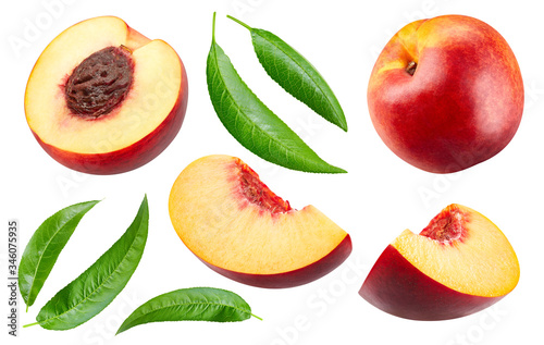Half nectarine fruit with leaf isolated. Peach collection with clipping path. Full depth of field