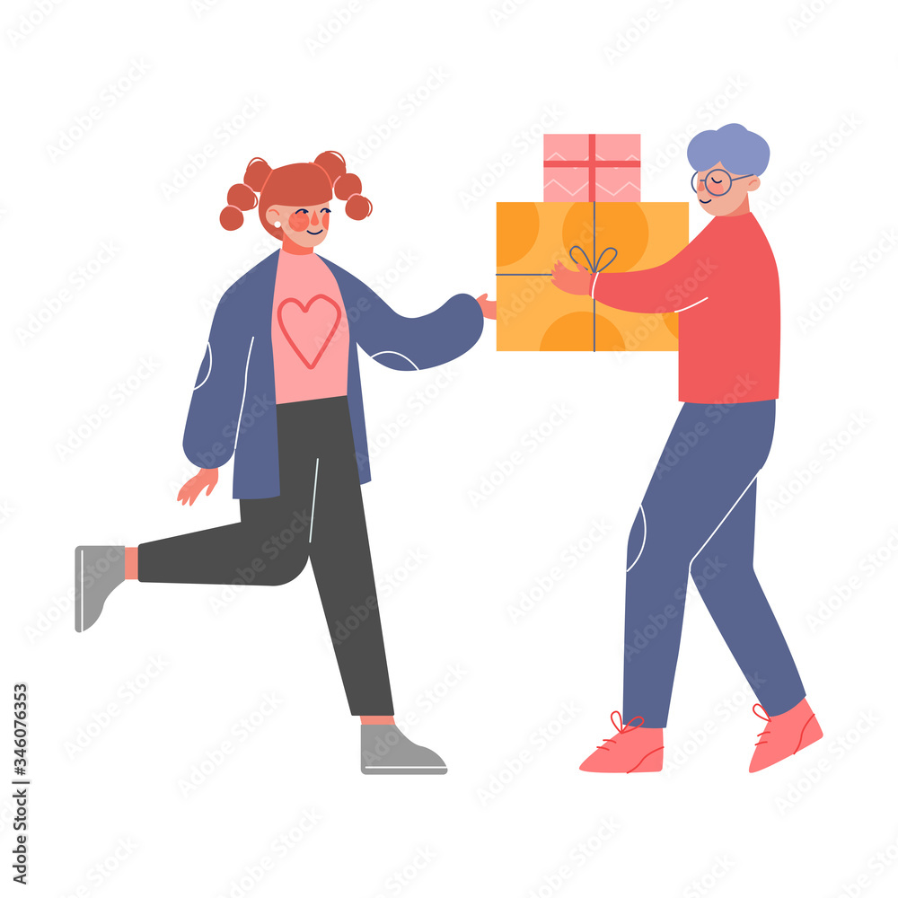 Teenage Boy Giving Holiday Gift Boxes Decorated with Ribbon Bows to Happy Girl, Birthday Party, Christmas or New Year Holidays Celebration Cartoon Vector Illustration