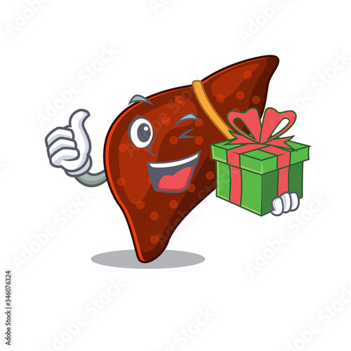 Smiling human cirrhosis liver cartoon character having a green gift box