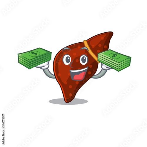 A wealthy human cirrhosis liver cartoon character having money on hands