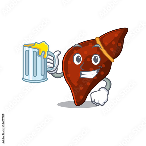 A cartoon concept of human cirrhosis liver rise up a glass of beer