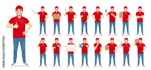 Handsome delivery man in red uniform standing in different poses set isolated vector illustration