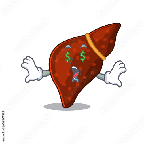 Rich cartoon character design of human cirrhosis liver with money eyes