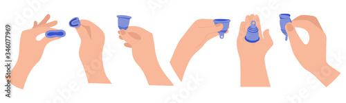 Menstrual cup, sanitary protection for woman in period. Device for collecting blood, zero waste cup. Vector infographic instruction.
