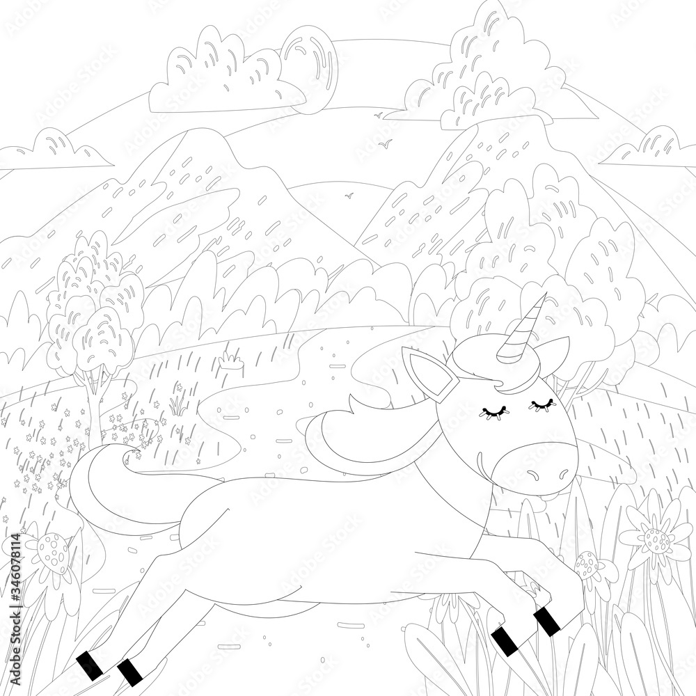 Unicorn vector. Horse head sleep. Colored book. Black and white sticker, icon isolated. Cute magic cartoon fantasy animal. Dream symbol. Design for children, baby room interior, scandinavian style
