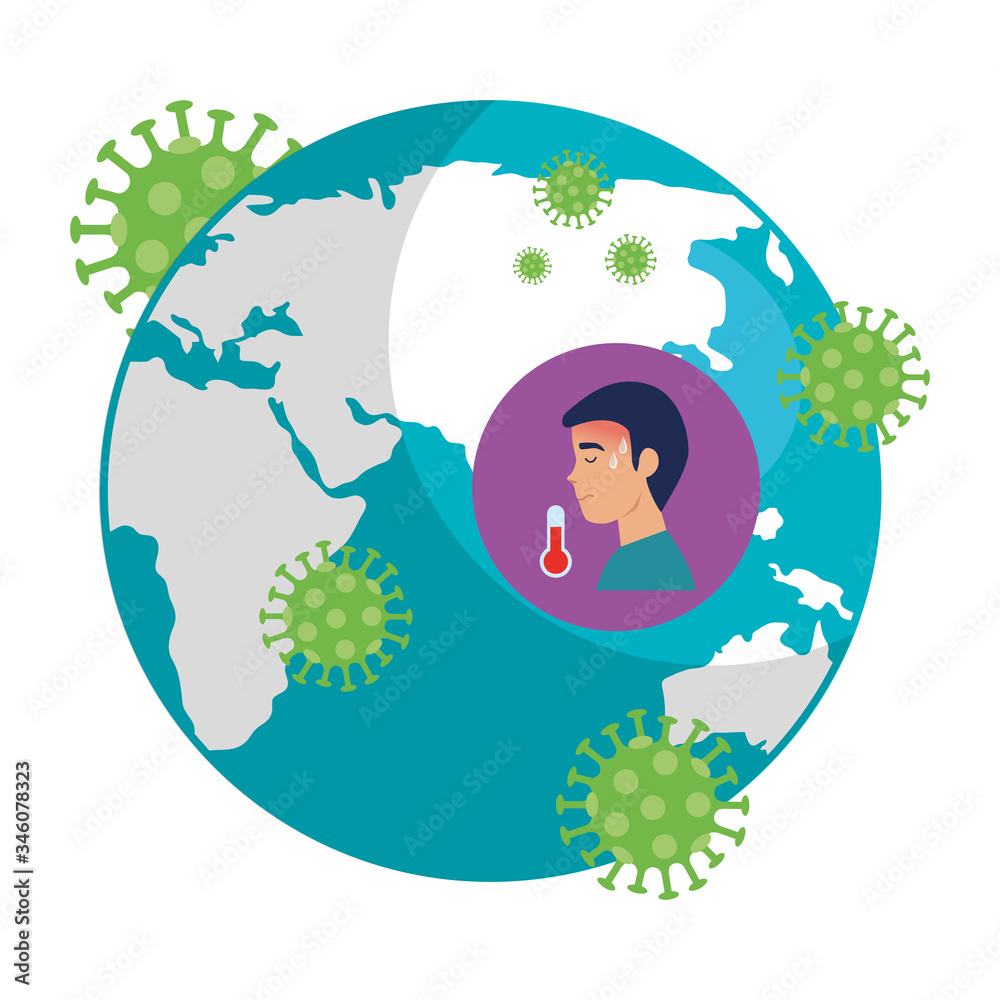 planet earth with covid19 particles and man sick vector illustration design planet earth with covid19 particles and man sick vector illustration design