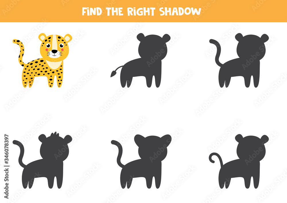 Find the right shadow of cute leopard. Logical worksheet.