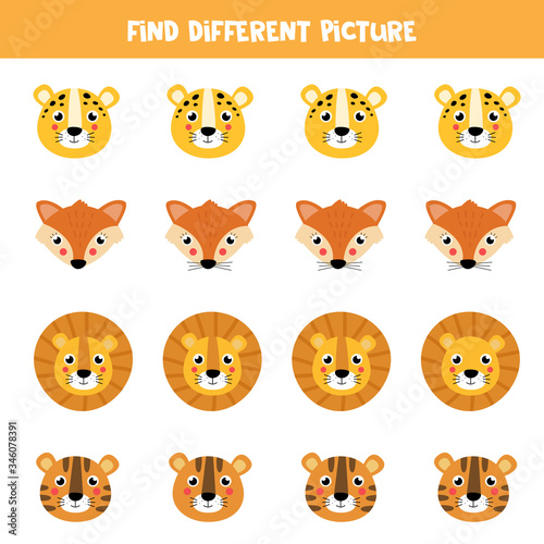 Fototapeta Naklejka Na Ścianę i Meble -  Find different picture in each row. Cute cartoon animal faces.