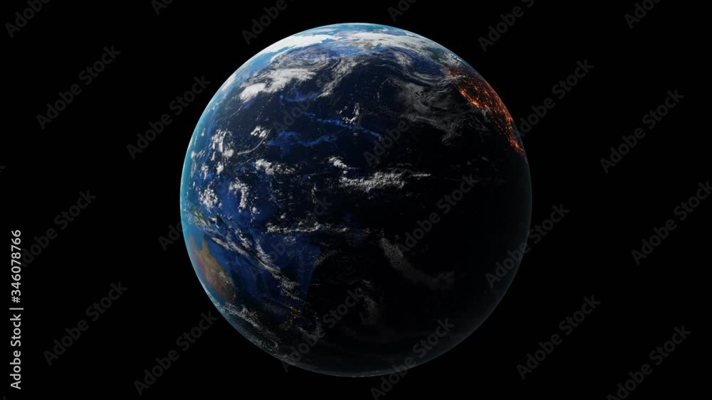 Day to night transition on Planet Earth with lightpollution rotating seamless loop on black background, Images from NASA. 3D Render Day to night transition on Planet Earth with lightpollution rotating seamless loop on black background, Images from NASA. 3D Render
