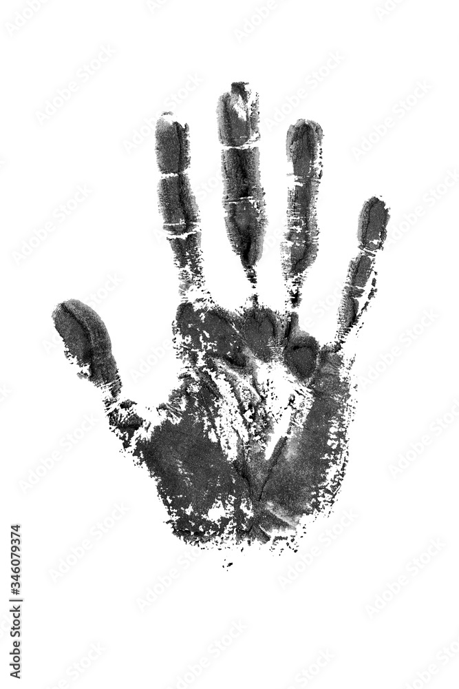 Black watercolor print of human hand white background isolated closeup, handprint illustration, monochrome palm and fingers silhouette mark, one hand shape painted stamp, drawing imprint, sign, symbol Black watercolor print of human hand white background isolated closeup, handprint illustration, monochrome palm and fingers silhouette mark, one hand shape painted stamp, drawing imprint, sign, symbol