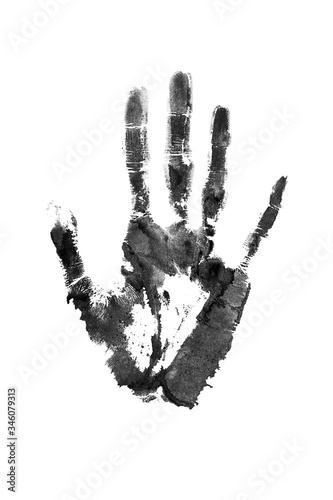 Black watercolor print of human hand white background isolated closeup, handprint illustration, monochrome palm and fingers silhouette mark, one hand shape painted stamp, drawing imprint, sign, symbol