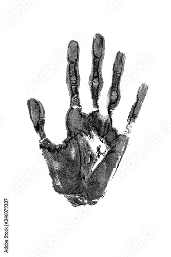 Black watercolor print of human hand white background isolated closeup, handprint illustration, monochrome palm and fingers silhouette mark, one hand shape painted stamp, drawing imprint, sign, symbol