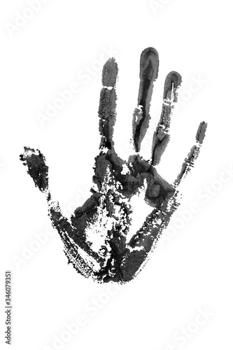 Black watercolor print of human hand white background isolated closeup, handprint illustration, monochrome palm and fingers silhouette mark, one hand shape painted stamp, drawing imprint, sign, symbol