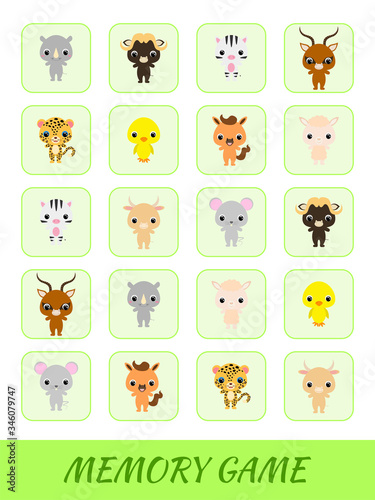 Fototapeta Naklejka Na Ścianę i Meble -  Clipart cards game template find two same pictures. Memory game for kids. Education developing worksheet. Logical thinking training. Set of cute cartoon animals. Vector stock illustration.