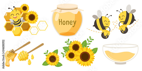 The collection of cute character of cute bee with beehive and honey jar and honey spoon and sunflower in flat vector style.Graphic resource about bee for graphic,content , banner, sticker label.