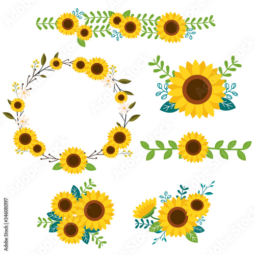The collection of sunflower in the set on the white background in flat vector style. Graphic resource about sunflower for graphic,content , banner, sticker label and greeting card.