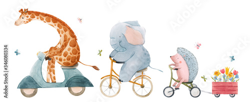Beautiful stock illustration with watercolor hand drawn cute animals on transport.
