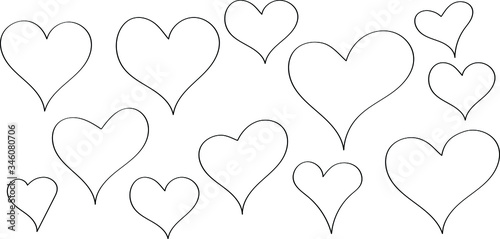 Many doodle hearts are drawn in black outline  template for greeting card for Valentine s Day. Children s coloring in a romantic style  wedding design.