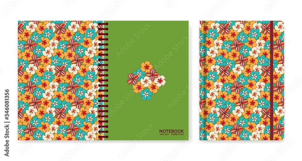 Cover design for notebooks or scrapbooks with vintage floral pattern. Psychedelic or hippie style backgrounds. Abstract flowers and groovy colors