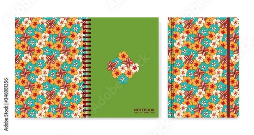 Cover design for notebooks or scrapbooks with vintage floral pattern. Psychedelic or hippie style backgrounds. Abstract flowers and groovy colors