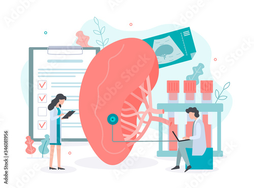 Treatment and diagnosis of diseases of the spleen. Medical concept with tiny people. Flat vector illustration.