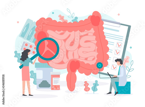 Diagnosis and treatment of the bowel. Medical concept with tiny people. Flat vector illustration.