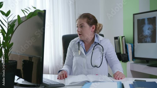 beautiful female doctors work overtime due to illness and a pandemic at the workplace in office, sleepy nurse fell asleep from fatigue