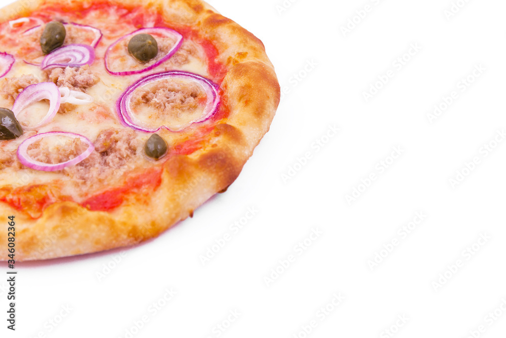 Pizza with tuna, onions and capers on a white background