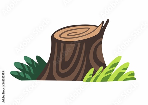 Nice old tree stump with grass isolated on white background vector. Cute catroon stylized forest clip art, stock flat illustration.