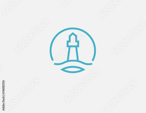Creative blue round linear logo icon lighthouse and sea.