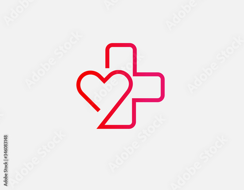 Creative red linear logo cross and heart icon for pharmacy or medical clinic.