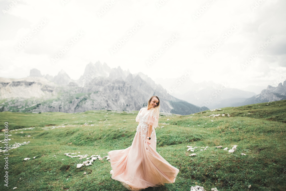 Beauty woman, bride with perfect white dress background mountains Beauty woman, bride with perfect white dress background mountains