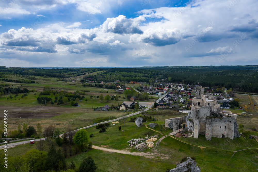 Fototapeta premium Aerial view of Mirow Castle, Eagles Nests trail. Medieval fortress in the Jura region near Czestochowa. Silesian Voivodeship. Poland.