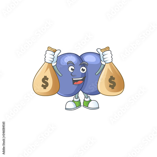 Blissful rich streptococcus pneumoniae cartoon character having money bags
