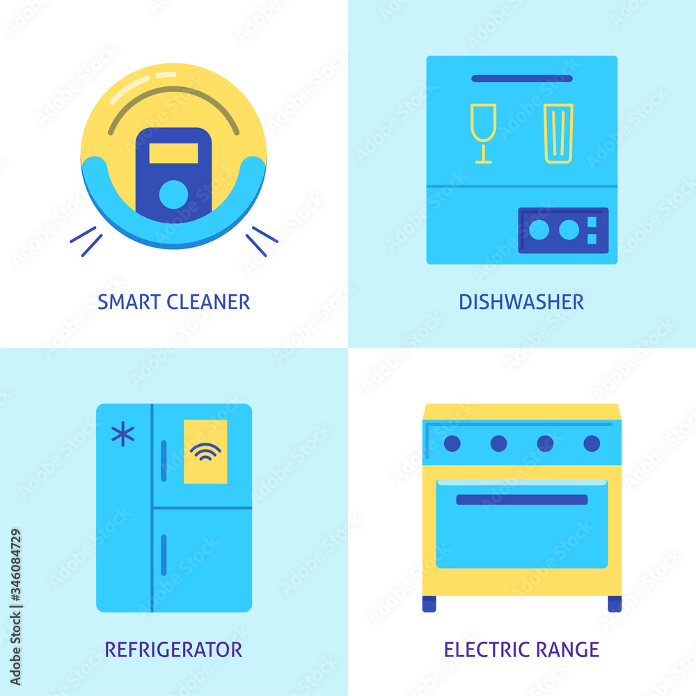 Housework automation icon set in flat style Housework automation icon set in flat style