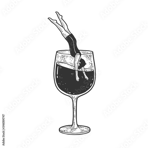 man dives into a glass of wine sketch engraving vector illustration. T-shirt apparel print design. Scratch board imitation. Black and white hand drawn image.